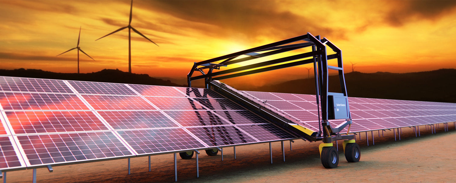 Banner showing PVCARE SolarBridge B1 solar panel cleaning robot on solar panels during a yellow sunset