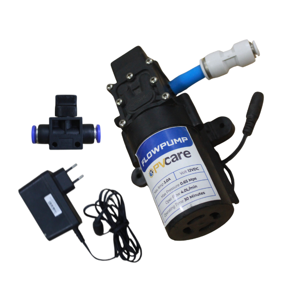 FlowPump PV care with power adapter on a white background