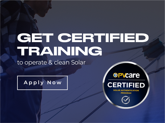 Poster showing “Get Certified Training” text, an “Apply Now” box, and a PV Care logo stamp promoting solar training