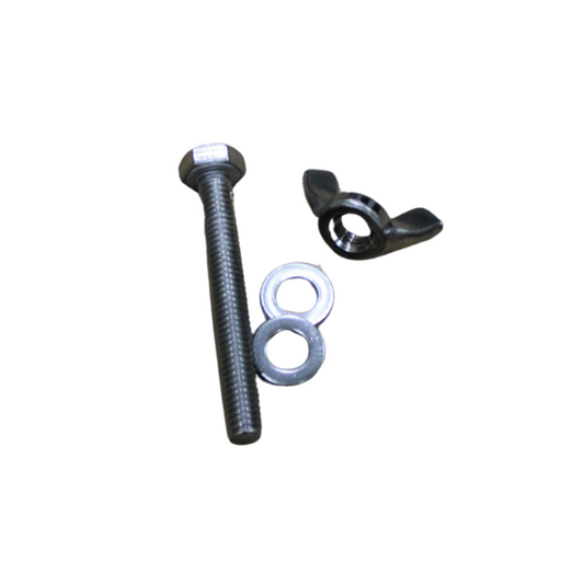 Metal bolt, washer, and wing nut on a white background