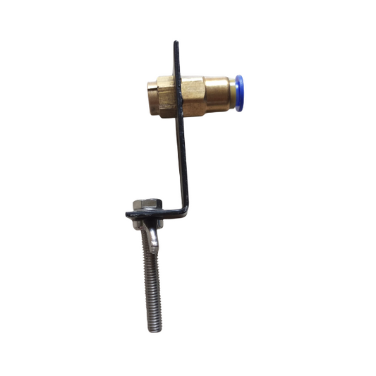 Brass fitting with a black handle on a white background