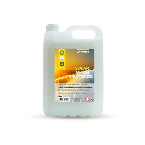 A bottle of Solar Wash Protect, a solar panel cleaning product from Chemicals 360 with yellow and black label.